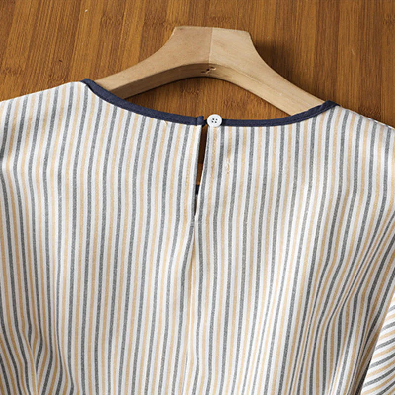 Buddha Stones Pullover Stripes Crew Neck Design Women's Cotton Short Sleeves Shirt