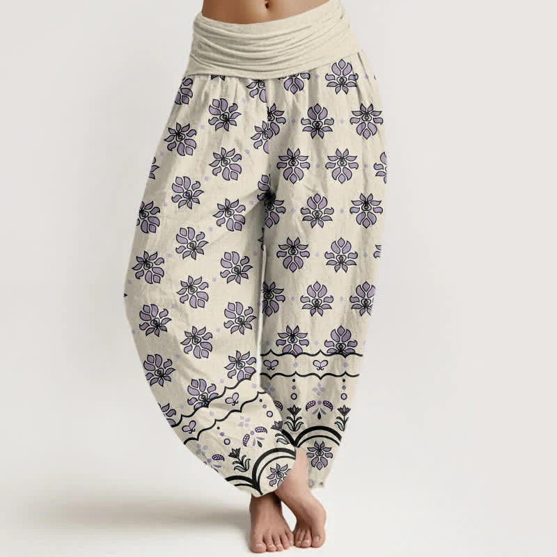Buddha Stones Floral Pattern Pure Cotton Women's Harem Elastic High Waist Pants