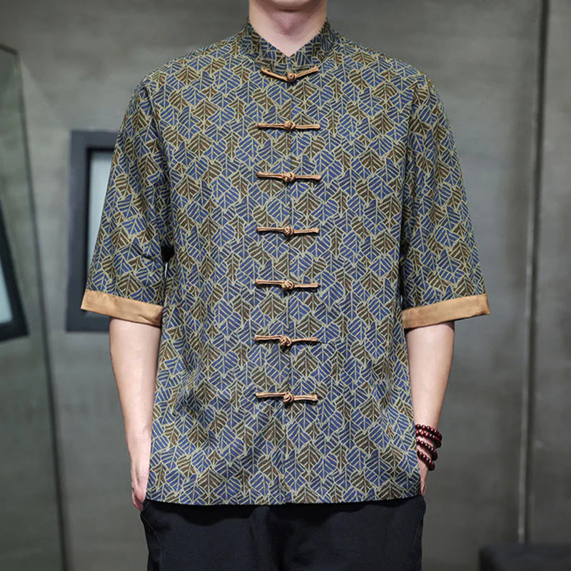 Buddha Stones Summer Colorful Floral Leaves Pattern Short Sleeve Frog-button Design Men's Cotton Shirt