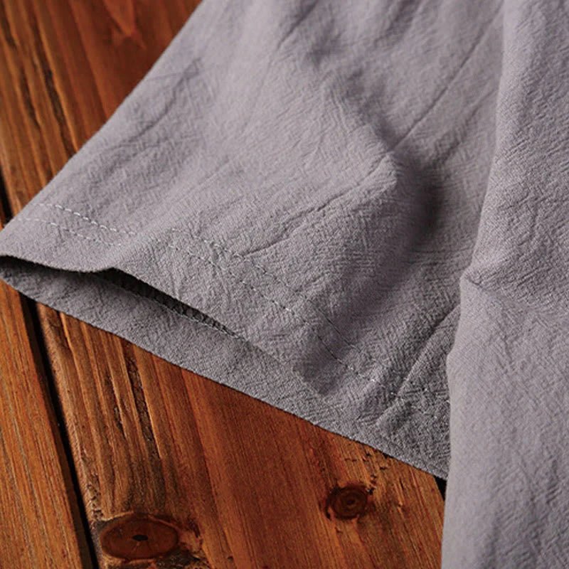Buddha Stones 2Pcs Plain Notched Collar Short Sleeve T-Shirt Shorts With Pockets Cotton Linen Men's Meditation Cloth Set
