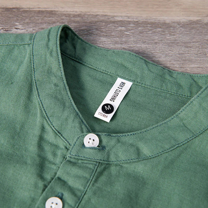 Buddha Stones Daily Plain Patch Color Matching Design Men's Short Sleeve Cotton Linen Shirt