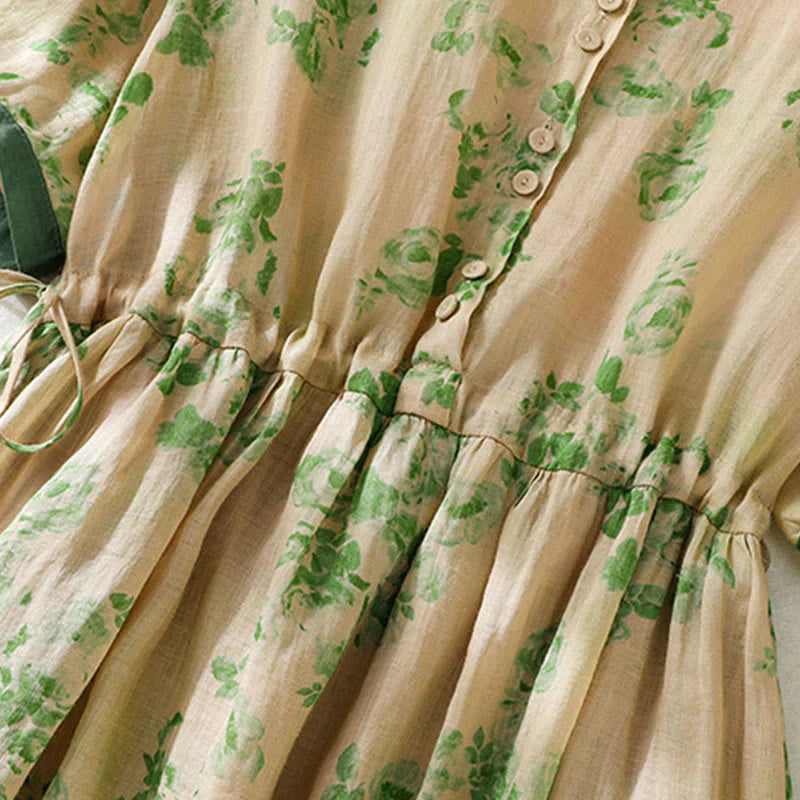 Buddha Stones Printing Buttons Drawstring High Waist Short Sleeve Cotton Midi Dress With Pockets