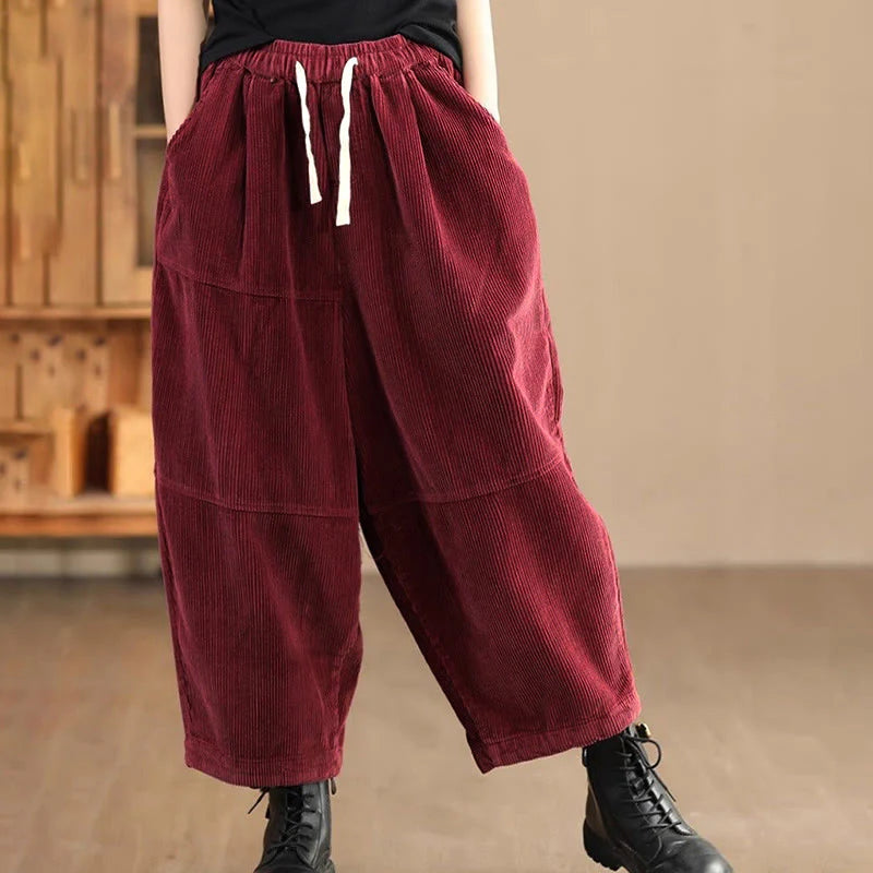 Buddha Stones Women's Drawstring Design Cotton Corduroy Thermal Fleece-Lined Pants With Pockets