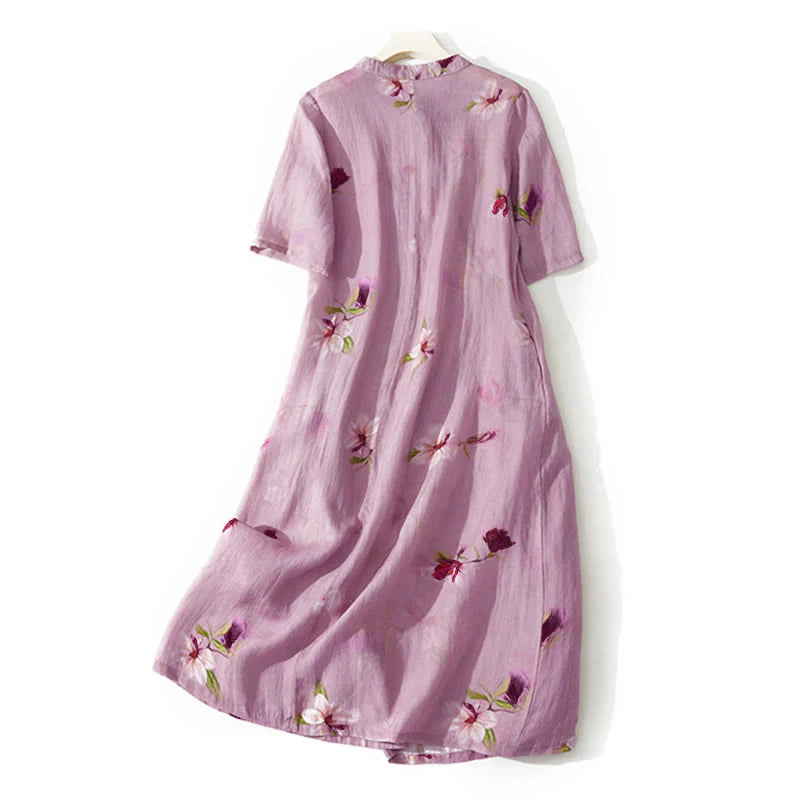 Buddha Stones Summer Orchid Floral Stand Collar Design Short Sleeve Midi Dress With Pockets