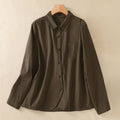 Buddha Stones Spring Lapel Long Sleeve Plain Women's Cotton Buttons Shirt With Pockets