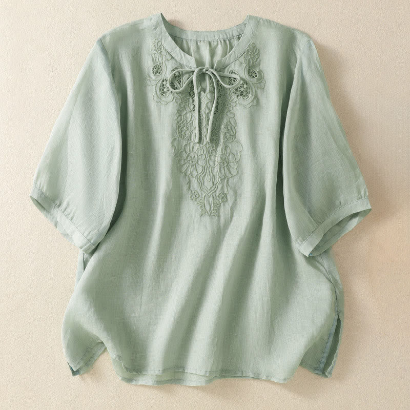 Buddha Stones Summer Embroidery Flower Lace-up Design Notched Collar Women's Short Sleeve Shirt