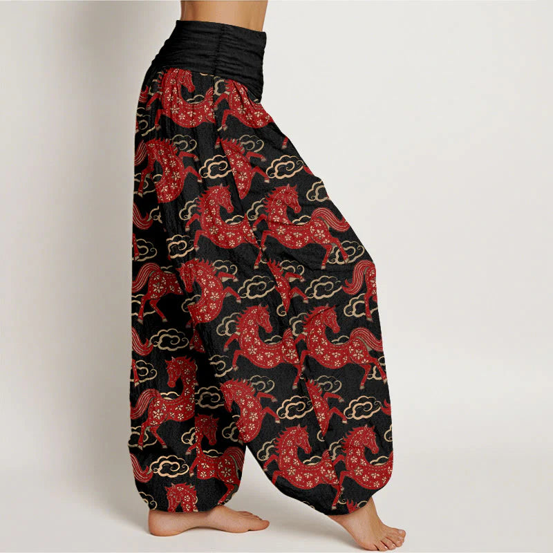 Buddha Stones Cotton Gorgeous Horse Cloud Pattern Women's Elastic Waist Harem Pants