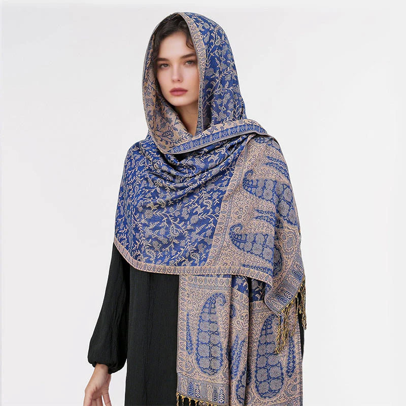 Buddha Stones Tibetan Jacquard Paisley Flower Pattern Color Contrast Design Tassel Cozy Scarf Shawl