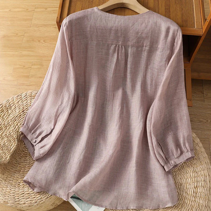 Buddha Stones Casual Embroidery Single Breasted Button Polyester Half Sleeve Women's V-neck Shirt