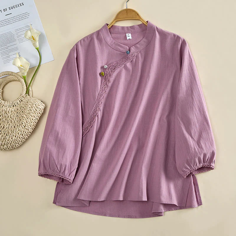 Buddha Stones Plain Crew Neck Frog-Button Long Sleeve Women's Cotton Shirt