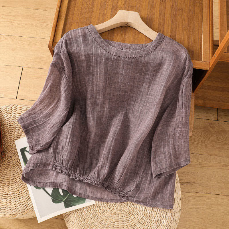 Buddha Stones Casual Summer Plain Crew Neck Women's  Cotton Linen Three Quarter Sleeve T-Shirt