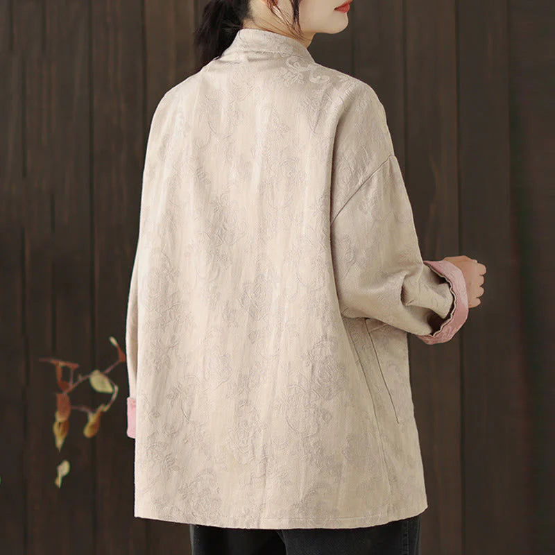 Buddha Stones Fall Floral Print Frog-Button Stand Collar Long Sleeve Women's Cotton Shirt