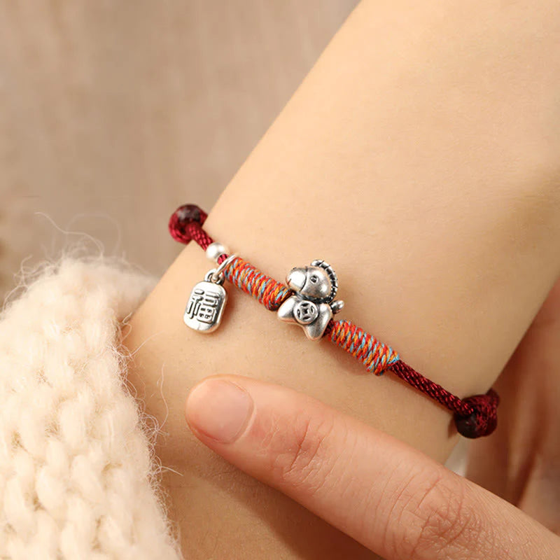 Buddha Stones 999 Sterling Silver Year Of The Horse Fu Character Charm String Braided Luck Bracelet