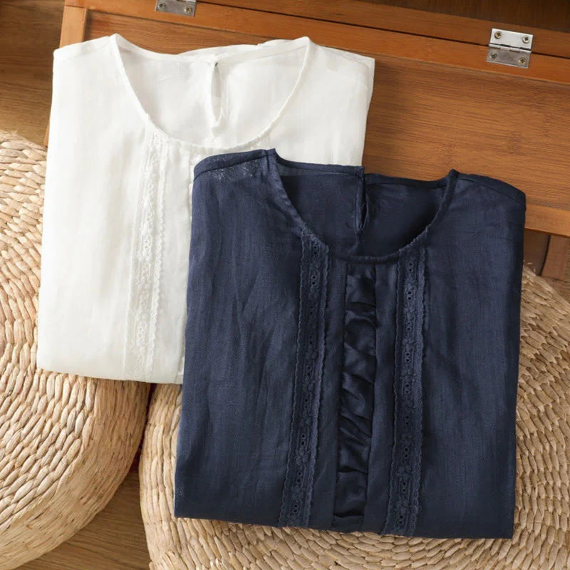 Buddha Stones Casual Pure Color Crew Neck Women's Cotton Linen Three Quarter Sleeve Shirt