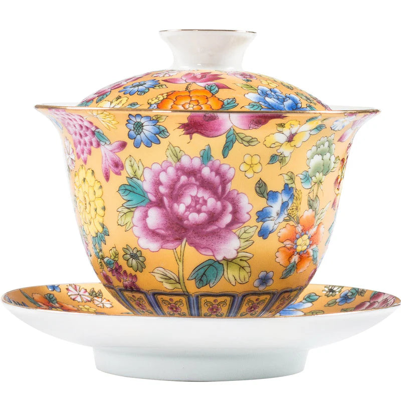 Buddha Stones Peony Flowers Ceramic Gaiwan Sancai Teacup Kung Fu Tea Cup And Saucer With Lid