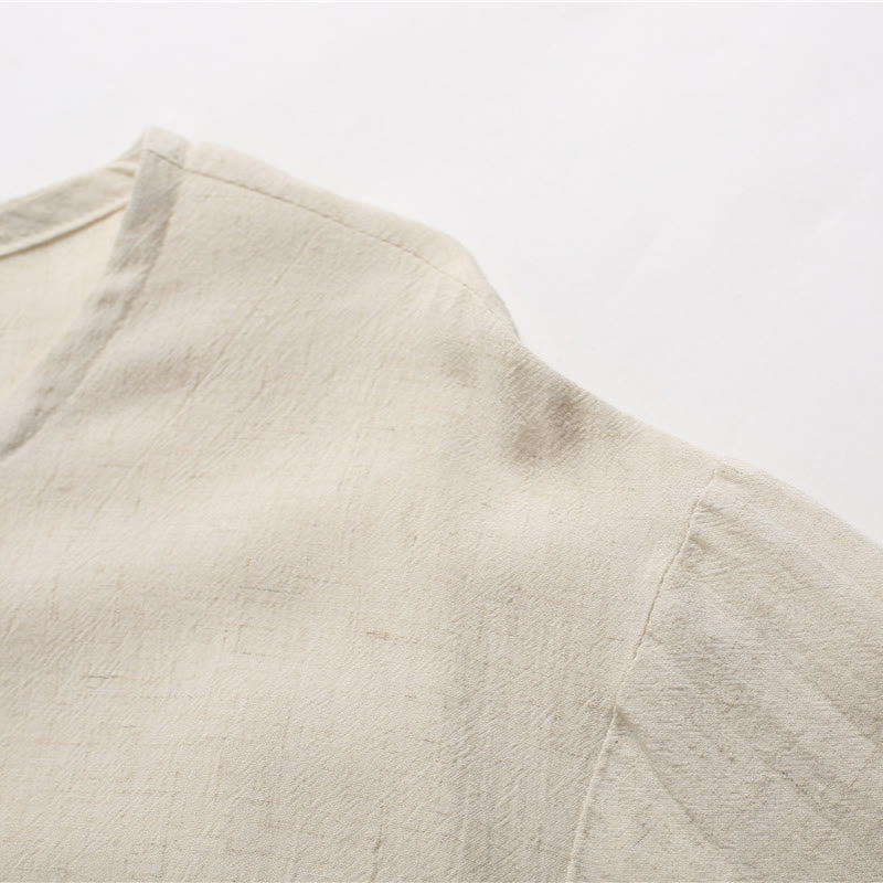 Buddha Stones Men's Solid Color Round Neck Short Sleeve CottonÂ Linen Shirt