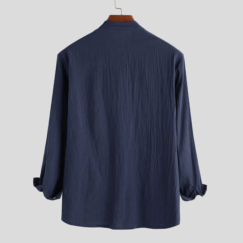 Buddha Stones Solid Color Half Buttons Long Sleeve Cotton Linen Men's Shirts