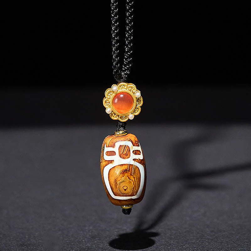 Buddha Stones Tibetan Agate Carved God of Wealth Nine-eye Dzi Bead Blessing Necklace Pendant