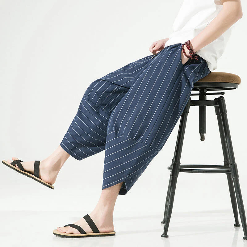 Buddha Stones Casual Plain Stripes Pattern Drawstring Men's 7-8 Length Cotton Linen Harem Pants With Pockets