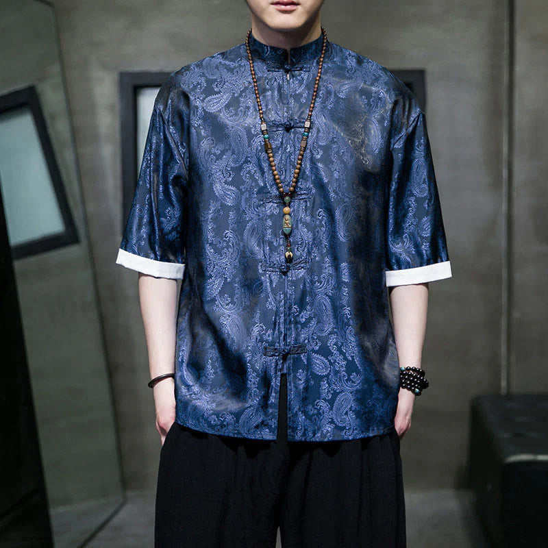 Buddha Stones Summer Cashew Flowers Pattern Men's Frog-Button Half Sleeve Shirts