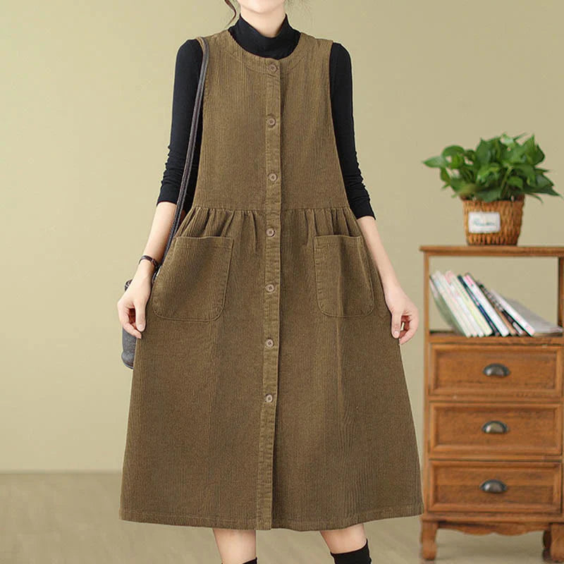 Buddha Stones Fall Retro Buttons Design Corduroy Sleeveless Midi Dress With Pockets