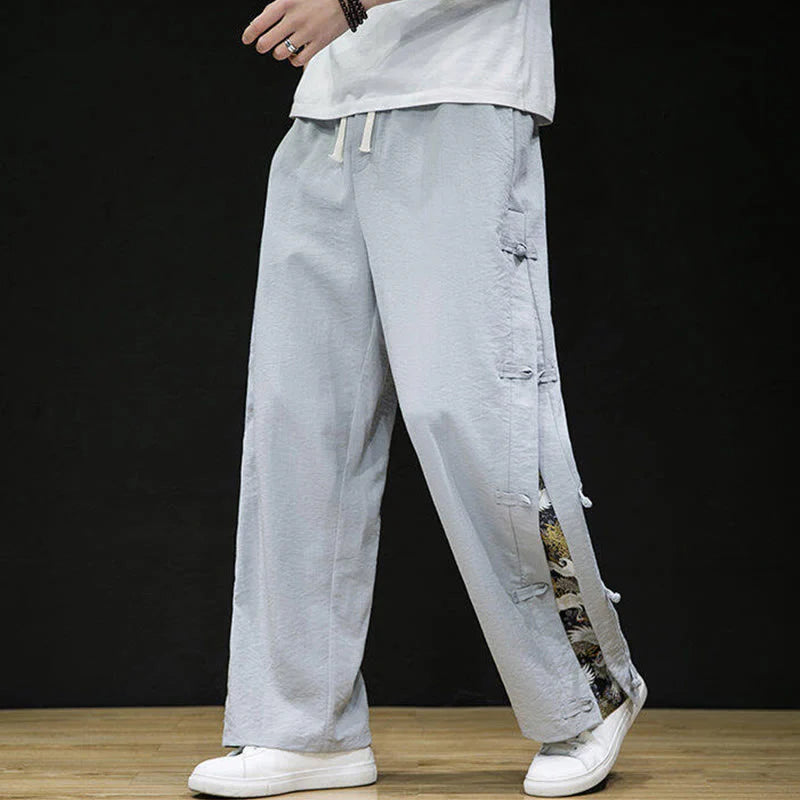Buddha Stones Casual Patchwork Crane Pattern Frog-Button Design Men's Wide Leg Pants With Pockets