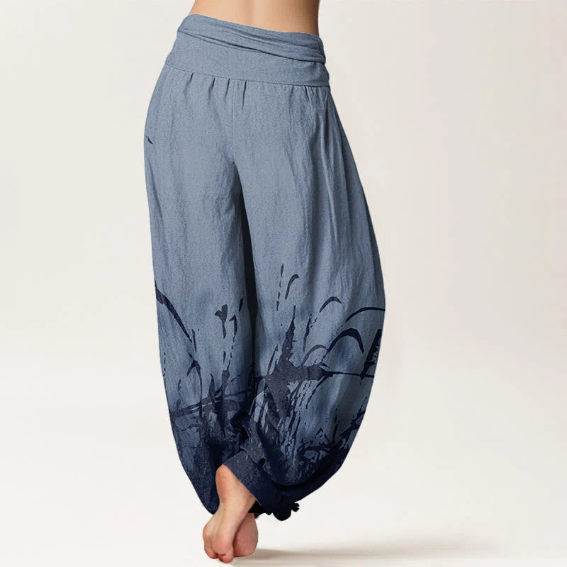 Buddha Stones Cotton Wild Grass Pattern Women's Elastic Waist Harem Pants