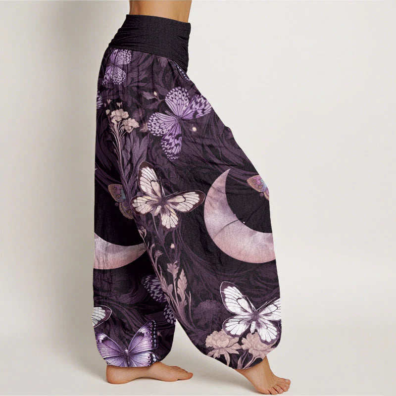 Buddha Stones Cotton Butterfly Flowers Crescent Moon Pattern Design Women's Elastic Waist Harem Pants