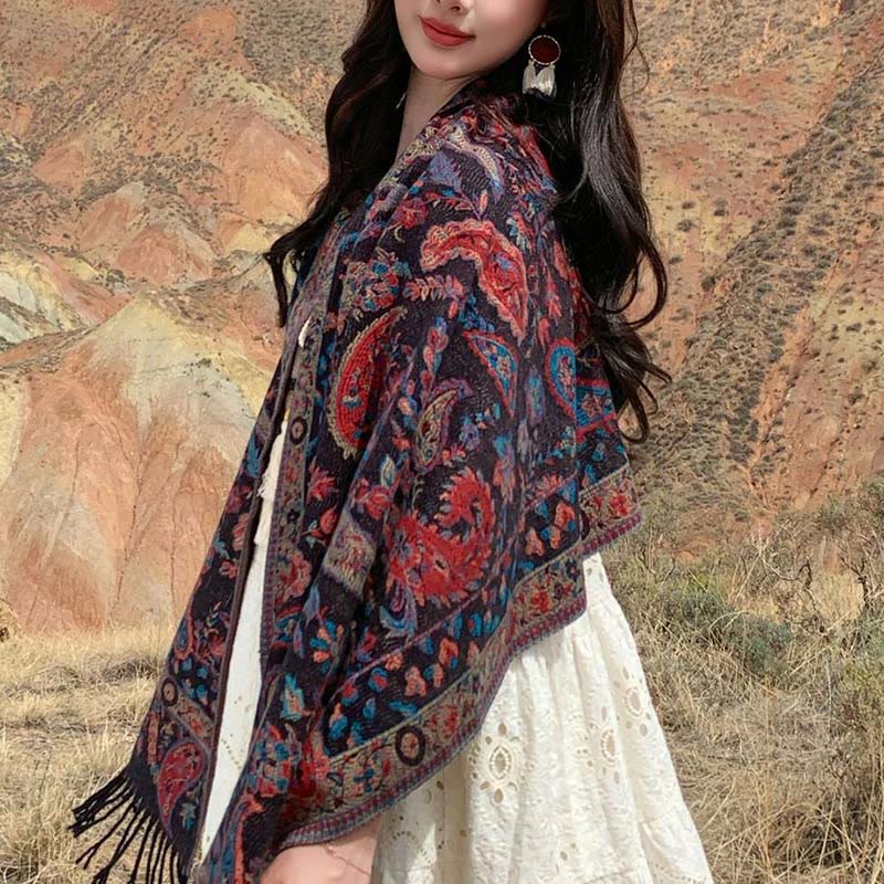 Buddha Stones Ethnic Embroidered Paisley Flowers Pattern Tassel Soft Scarf Shawl