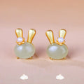 Buddha Stones 925 Sterling Silver Natural Hetian Jade Cute Rabbit Pearl Abundance Earrings