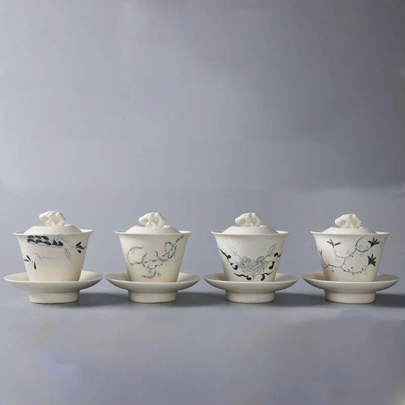 Buddha Stones Hand Painted Pomegranate Hibiscus Pine Lotus Ceramic Gaiwan Sancai Teacup Kung Fu Tea Cup And Saucer With Lid