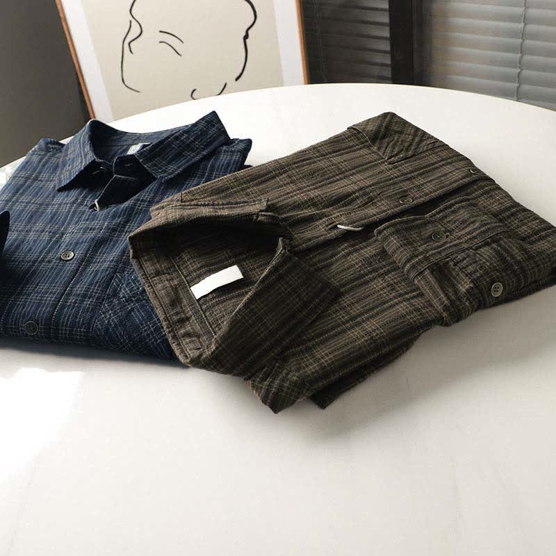 Buddha Stones Fall Commute Embroidery Plaid Pattern Men's Cotton Long Sleeve Shirts With Pocket