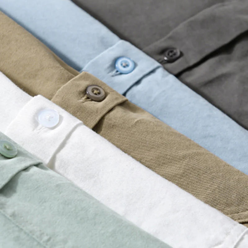 Buddha Stones Casual Solid Buttons Down Decorative Pocket Men's Stand Collar Long Sleeve Cotton Shirt