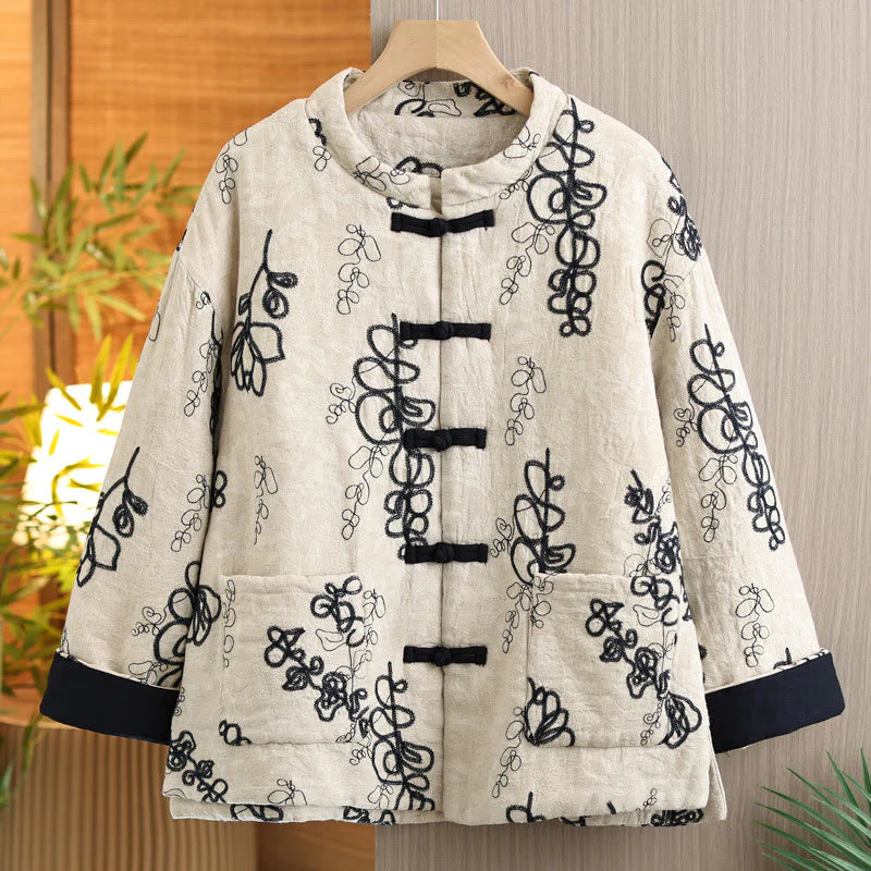 Buddha Stones Women's Winter Long Sleeve Stand Collar Frog-buttons Cotton-padded Jacket With Pockets
