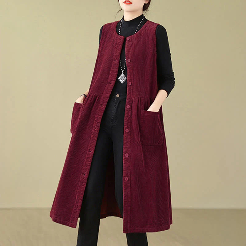 Buddha Stones Fall Retro Buttons Design Corduroy Sleeveless Midi Dress With Pockets