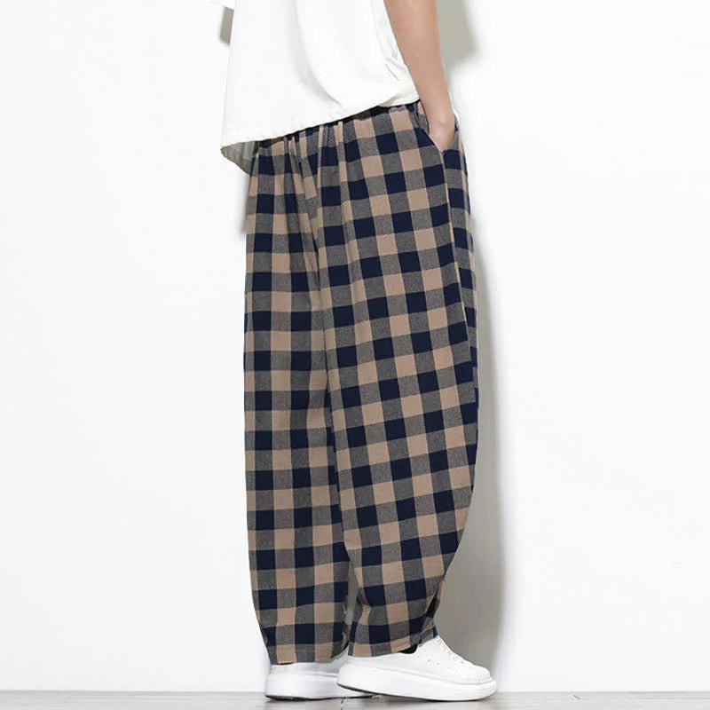 Buddha Stones Summer Plaid Pattern High Waist Drawstring Men's Harem Pants With Pockets