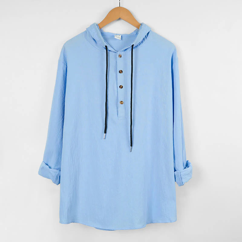 Buddha Stones Solid Color Fall Half Buttons Men's Hooded Long Sleeve Cotton Shirt