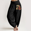 Buddha Stones Pure Cotton Year Of The Horse Fu Character Pattern Women's Elastic Waist Harem Pants