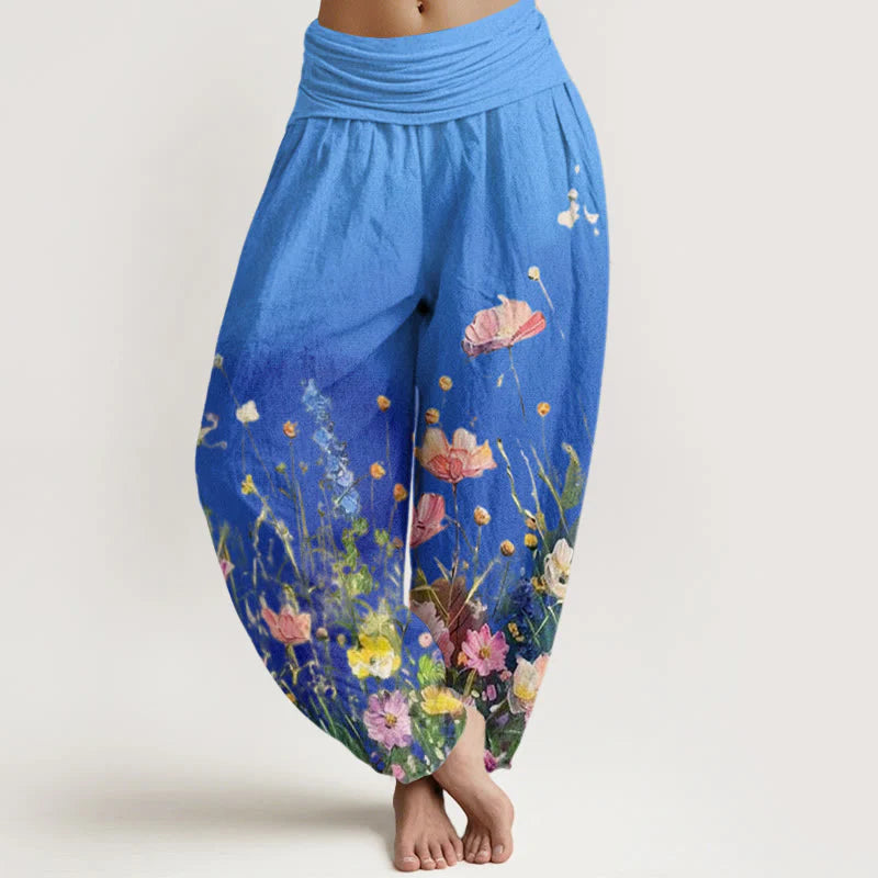 Buddha Stones Cotton Casual Watercolor Style Floral Pattern Women's Elastic Waist Harem Pants