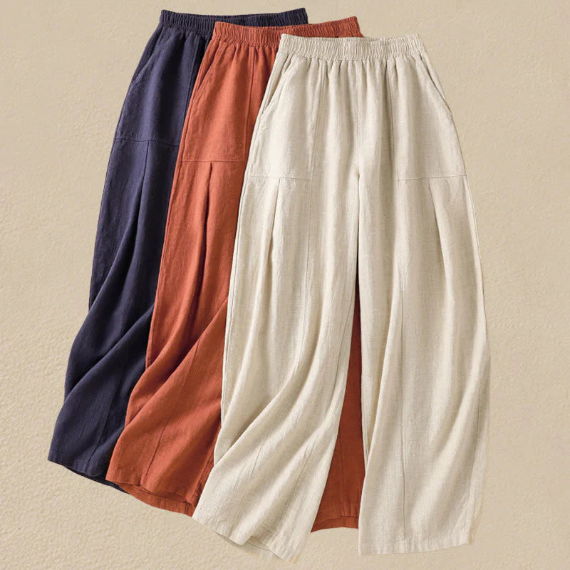 Buddha Stones Plain Simple Design High Waist Women's Cotton Linen Harem Pants With Pockets