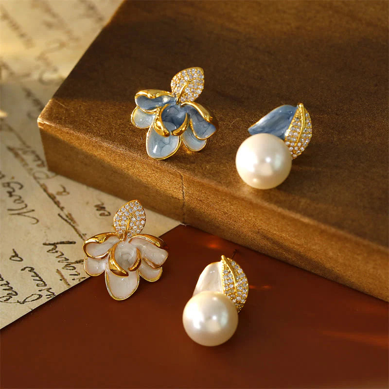 Buddha Stones Camellia Flower Zircon Copper Luck Stud Earrings