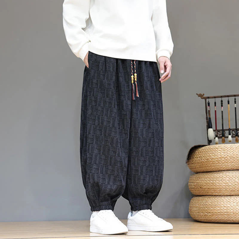 Buddha Stones Fall Jacquard Plaid Pattern Cotton Corduroy Men's Harem Pants With Pockets