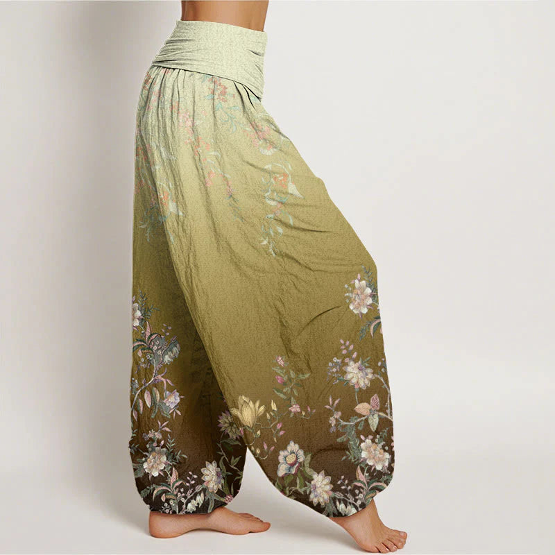 Buddha Stones Cotton Casual Gradient Delicate Floral Leaf Pattern Women's Elastic Waist Harem Pants