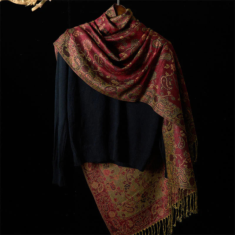 Buddha Stones Spring Dark Red Cashew Flower Floral Leaf Pattern Tassel Soft Scarf Shawl