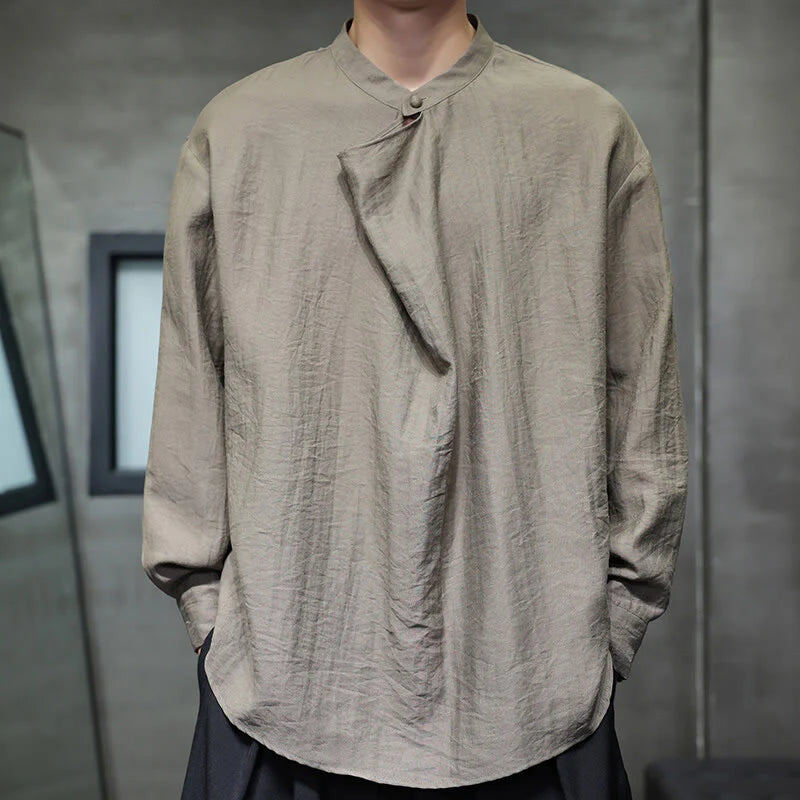 Buddha Stones Spring Solid Color Pleated Stand Collar Design Tang Suit Men's Long Sleeve Linen Shirt