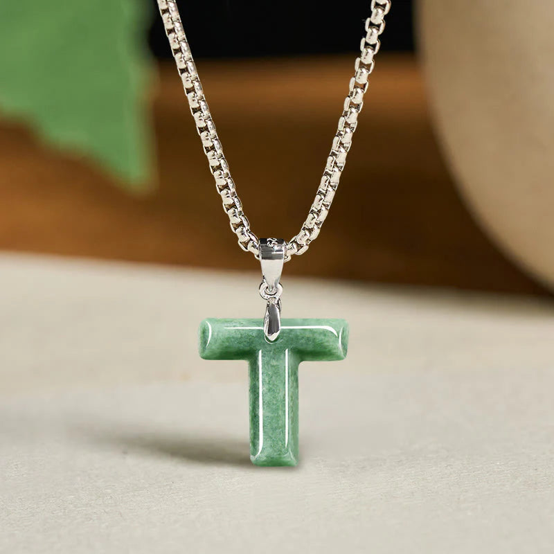 Buddha Stones Natural A-Z Letter Jade Titanium Steel Wide Chain Prosperity Necklace Pendant
