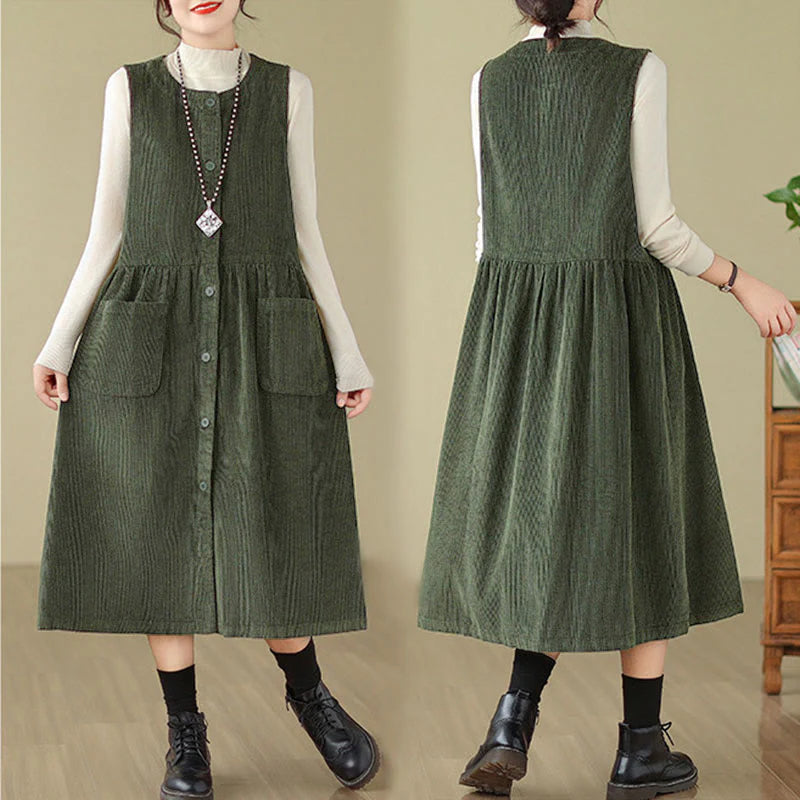 Buddha Stones Fall Retro Buttons Design Corduroy Sleeveless Midi Dress With Pockets