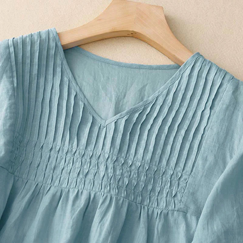 Buddha Stones Casual Plain Loose Women's V-Neck Design Half Sleeve Shirt