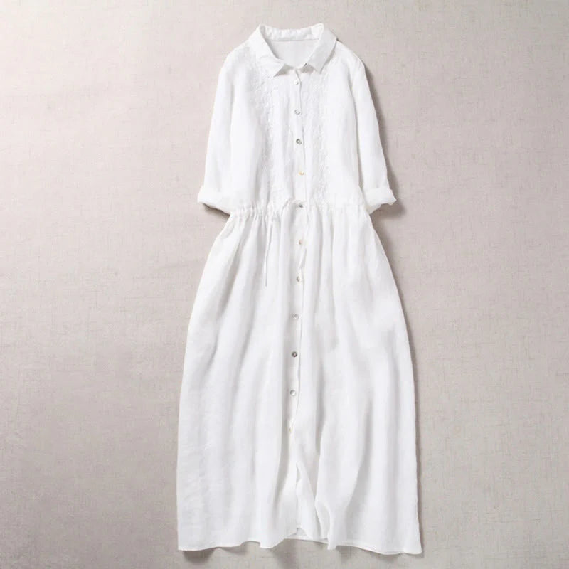 Buddha Stones Fall Embroidery Button Design Cotton Linen Long Sleeve Midi Dress With Pockets