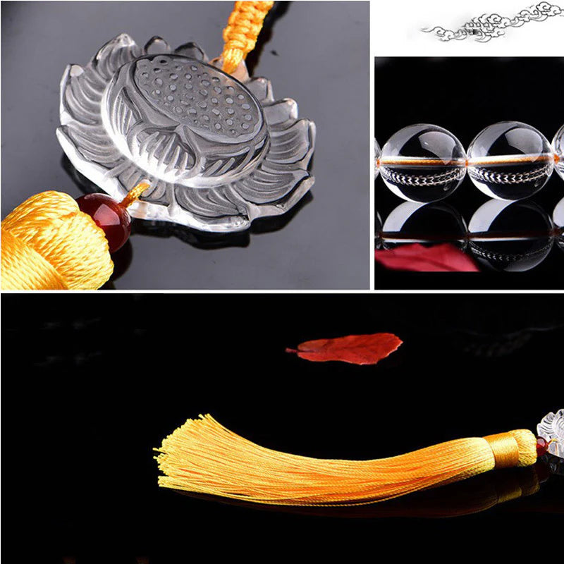 Buddha Stones Natural White Crystal Lotus Wrist Mala Meditation Tassels Pocket Mala Car Decoration